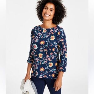 Style & Co Women's Pima Cotton Printed 3/4-Sleeve Top Blue Floral Sz M Boat Neck